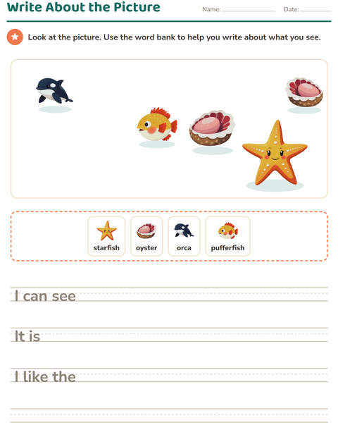 Preview of Picture Writing Prompts worksheet featuring Ocean Life for grade 2