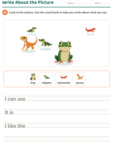 Preview of Picture Writing Prompts worksheet featuring Reptiles and Amphibians for grade 2