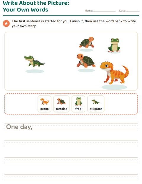 Preview of Picture Writing Prompts worksheet featuring Reptiles and Amphibians for grade 2
