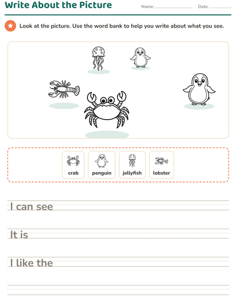 Preview of Picture Writing Prompts worksheet featuring Sea Life BW for grade 2