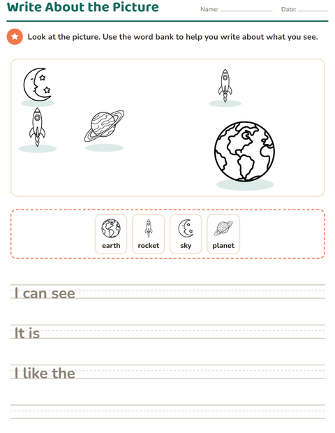 Preview of Picture Writing Prompts worksheet featuring Space BW for grade 2