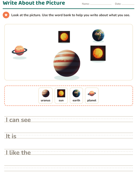 Preview of Picture Writing Prompts worksheet featuring Space for grade 2