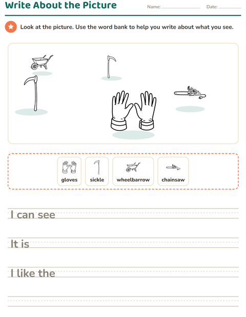 Preview of Picture Writing Prompts worksheet featuring Tools BW for grade 2
