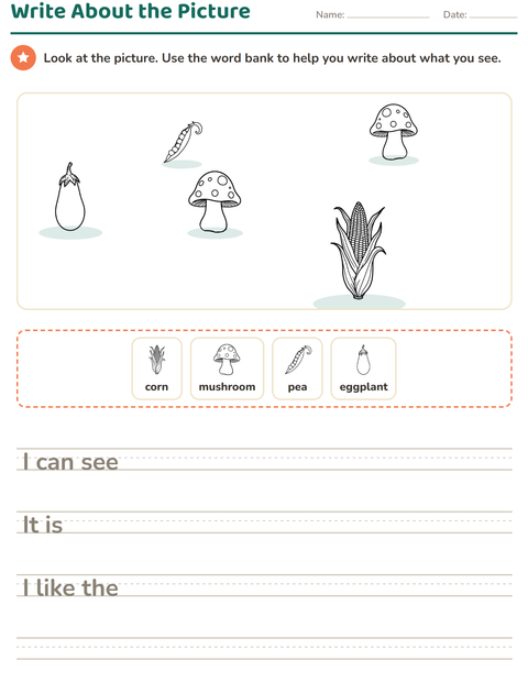 Preview of Picture Writing Prompts worksheet featuring Vegetables BW 2 for grade 2
