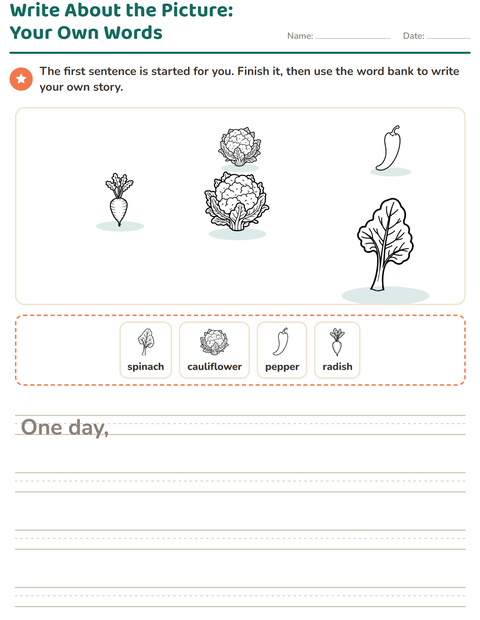 Preview of Picture Writing Prompts worksheet featuring Vegetables BW 2 for grade 2
