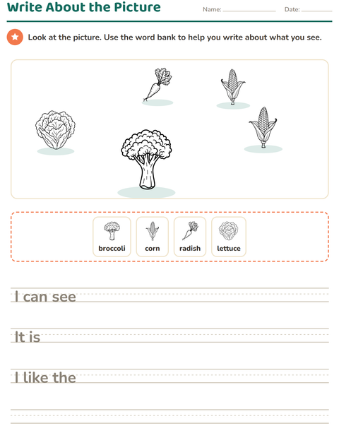 Preview of Picture Writing Prompts worksheet featuring Vegetables BW for grade 2