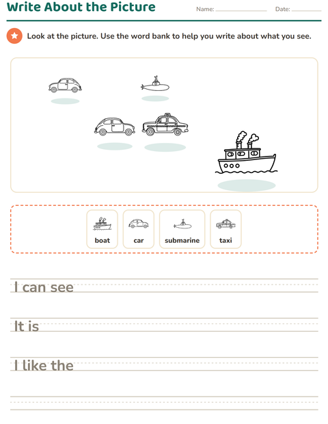 Preview of Picture Writing Prompts worksheet featuring Vehicles BW 2 for grade 2