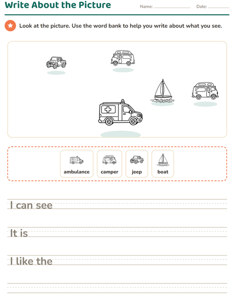 Preview of Picture Writing Prompts worksheet featuring Vehicles BW for grade 2