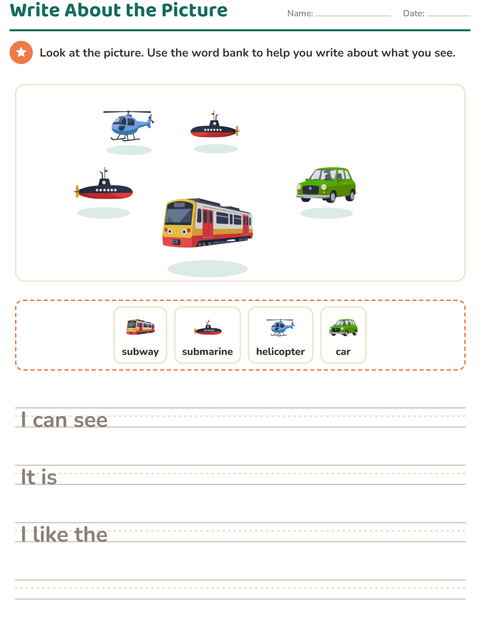 Preview of Picture Writing Prompts worksheet featuring Vehicles for grade 2