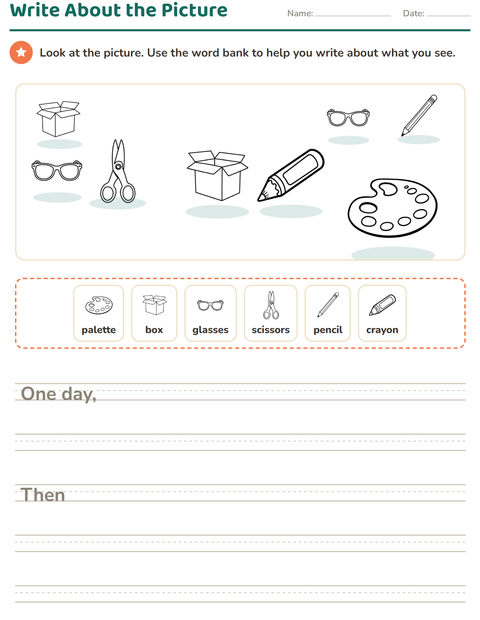 Preview of Picture Writing Prompts worksheet featuring Education BW for grade 2