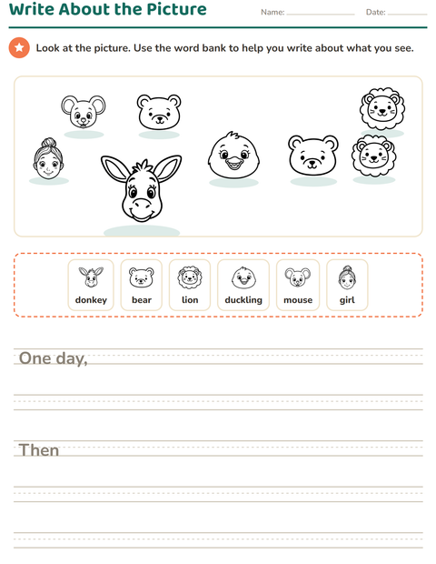 Preview of Picture Writing Prompts worksheet featuring Faces BW for grade 2