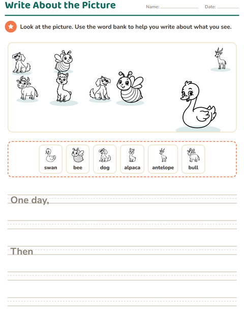 Preview of Picture Writing Prompts worksheet featuring Farm Animals BW for grade 2