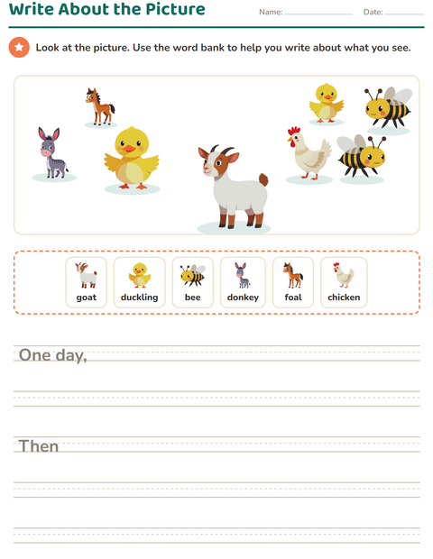 Preview of Picture Writing Prompts worksheet featuring Farm Animals for grade 2