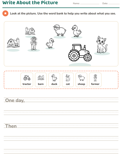 Preview of Picture Writing Prompts worksheet featuring Farm BW for grade 2