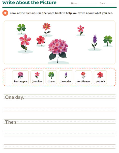Preview of Picture Writing Prompts worksheet featuring Flowers for grade 2