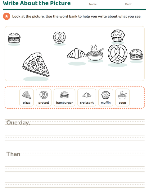 Preview of Picture Writing Prompts worksheet featuring Food BW 2 for grade 2