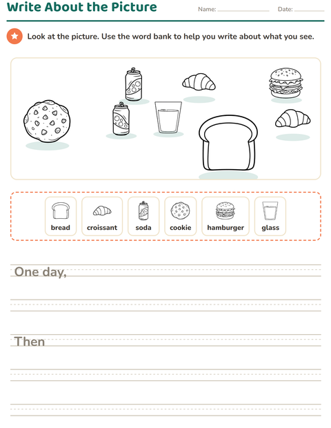 Preview of Picture Writing Prompts worksheet featuring Food BW 3 for grade 2