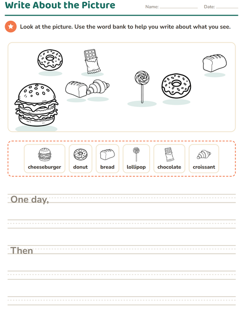 Preview of Picture Writing Prompts worksheet featuring Food BW for grade 2