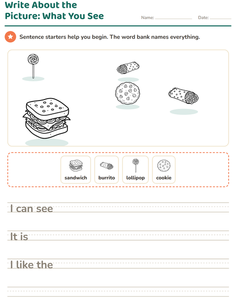 Preview of Picture Writing Prompts worksheet featuring Food BW for grade 2