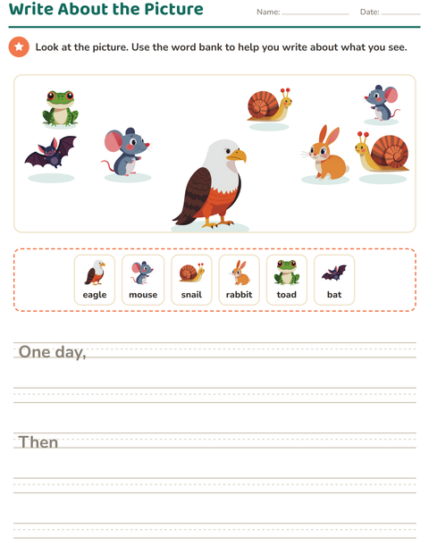 Preview of Picture Writing Prompts worksheet featuring Forest Creatures for grade 2