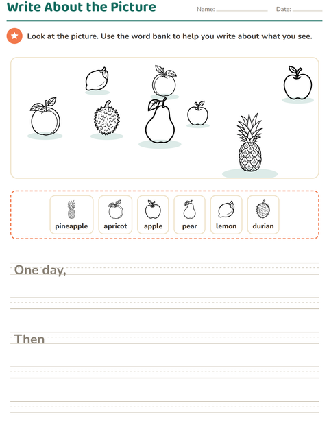Preview of Picture Writing Prompts worksheet featuring Fruits BW for grade 2