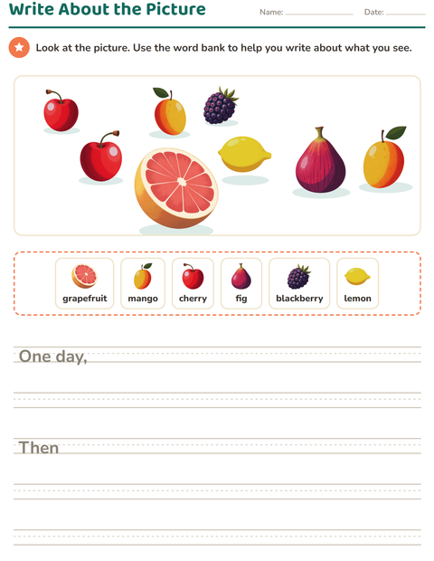 Preview of Picture Writing Prompts worksheet featuring Fruits for grade 2