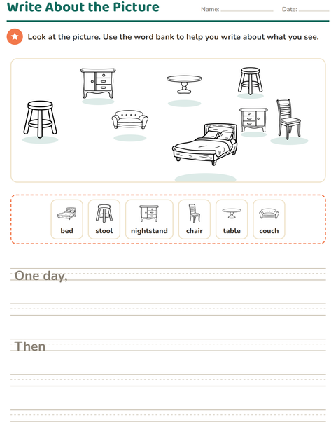 Preview of Picture Writing Prompts worksheet featuring Furniture BW for grade 2