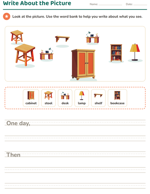 Preview of Picture Writing Prompts worksheet featuring Furniture for grade 2