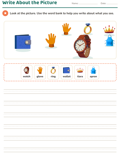 Preview of Picture Writing Prompts worksheet featuring Accessories for grade 2