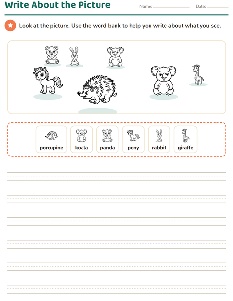 Preview of Picture Writing Prompts worksheet featuring Animals BW 2 for grade 2