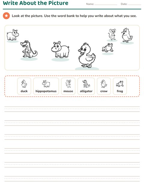 Preview of Picture Writing Prompts worksheet featuring Animals BW 3 for grade 2