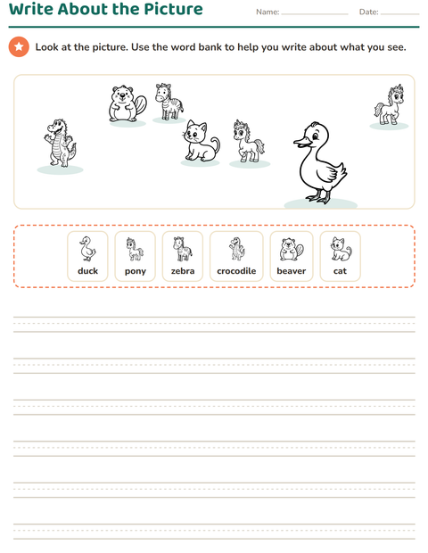 Preview of Picture Writing Prompts worksheet featuring Animals BW 4 for grade 2