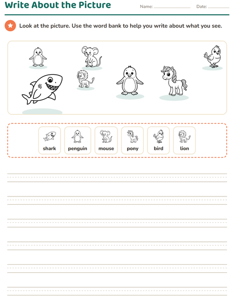 Preview of Picture Writing Prompts worksheet featuring Animals BW 5 for grade 2