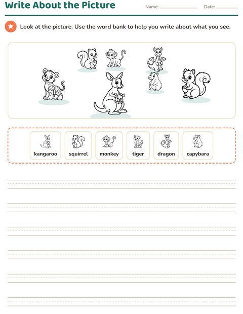 Preview of Picture Writing Prompts worksheet featuring Animals BW for grade 2