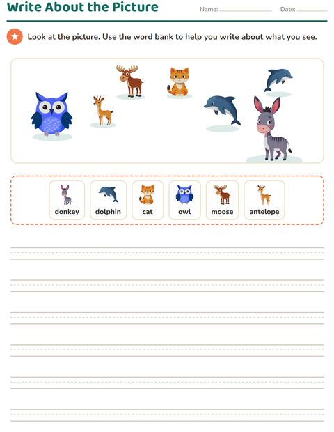 Preview of Picture Writing Prompts worksheet featuring Animals for grade 2