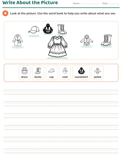Preview of Picture Writing Prompts worksheet featuring Apparel BW for grade 2