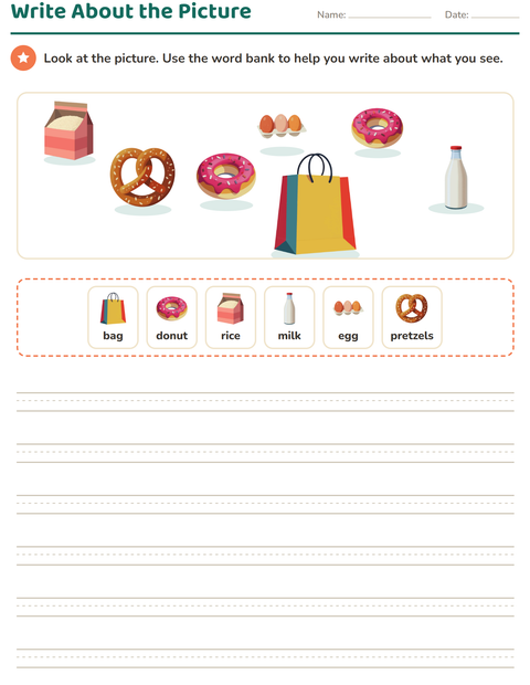 Preview of Picture Writing Prompts worksheet featuring At the Supermarket for grade 2