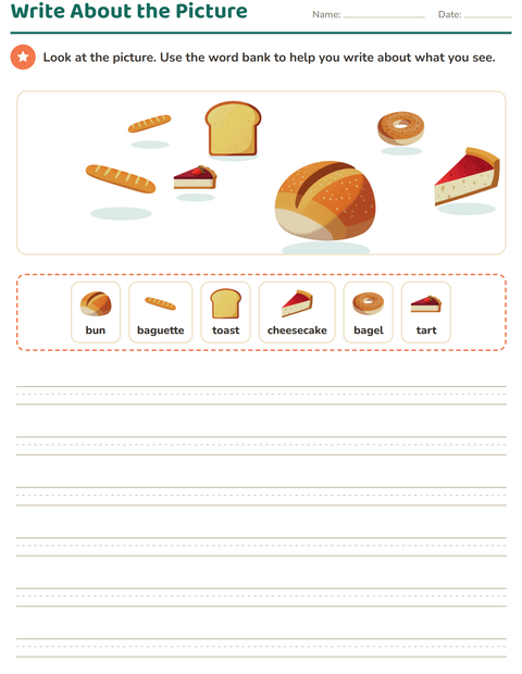 Preview of Picture Writing Prompts worksheet featuring Bakery for grade 2