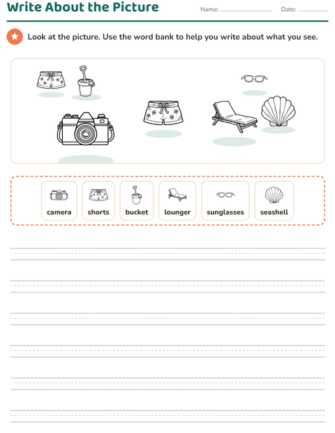 Preview of Picture Writing Prompts worksheet featuring Beach BW 2 for grade 2