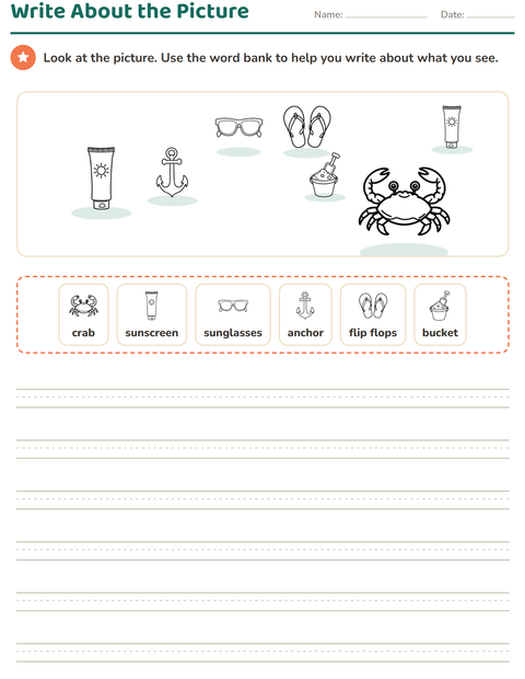Preview of Picture Writing Prompts worksheet featuring Beach BW for grade 2