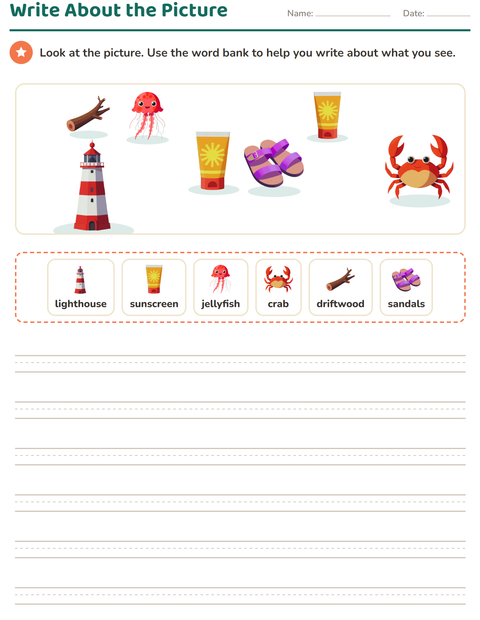 Preview of Picture Writing Prompts worksheet featuring Beach for grade 2