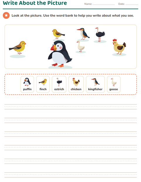 Preview of Picture Writing Prompts worksheet featuring Birds 2 for grade 2