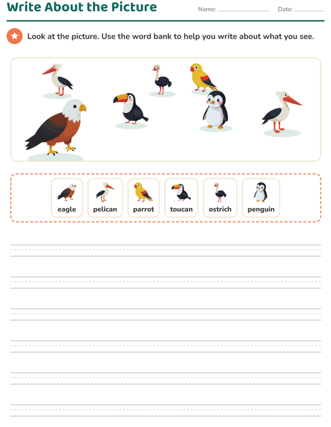 Preview of Picture Writing Prompts worksheet featuring Birds for grade 2