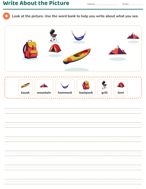 Preview of Picture Writing Prompts worksheet featuring Camping for grade 2