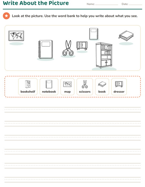 Preview of Picture Writing Prompts worksheet featuring Classroom 2 (B&W) for grade 2