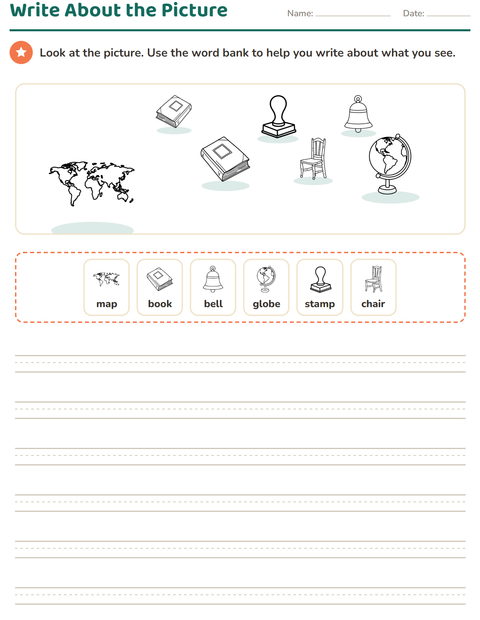 Preview of Picture Writing Prompts worksheet featuring Classroom (B&W) for grade 2