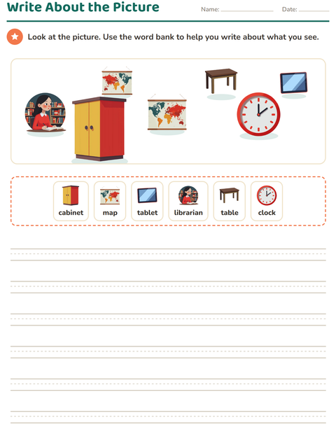 Preview of Picture Writing Prompts worksheet featuring Classroom for grade 2
