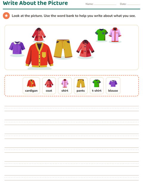 Preview of Picture Writing Prompts worksheet featuring Clothing for grade 2