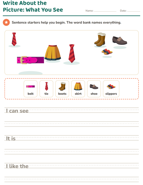 Preview of Picture Writing Prompts worksheet featuring Clothing for grade 2