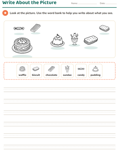 Preview of Picture Writing Prompts worksheet featuring Dessert (B&W) for grade 2